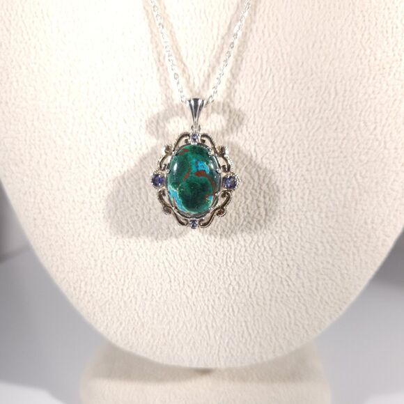 Australian Chrysocolla and Iolite Pendant Necklace 14k YG and Sterling Silver